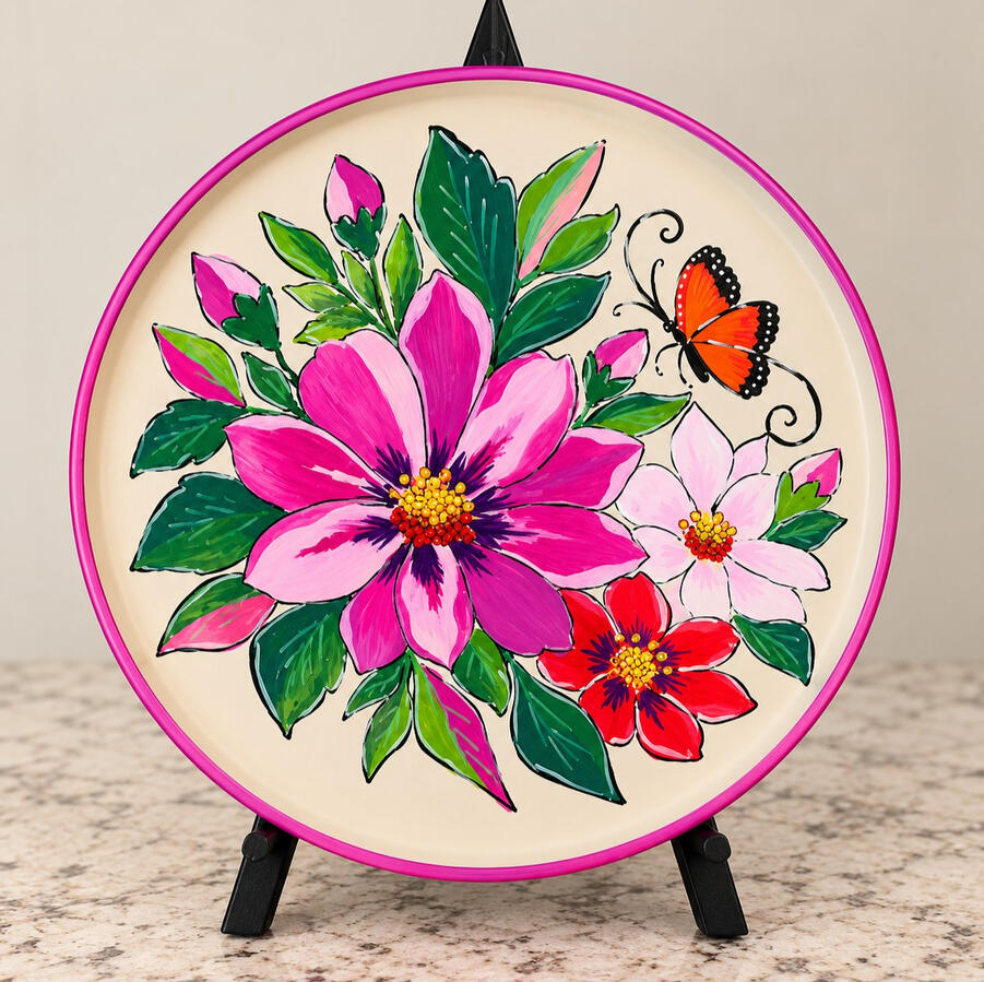 Hand-painted 12-inch cement holiday platter featuring floral design, created as a sample for the "WOW! I SAW THIS! workshop